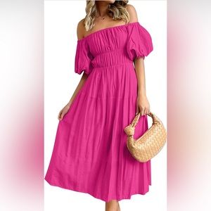 Boho Off Shoulder Puff Short Sleeve High Waist Ruffled Flowy A Line Midi Dress